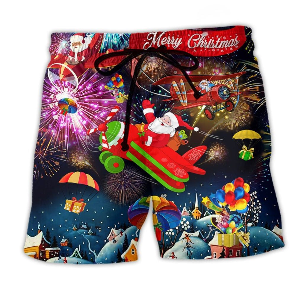 Christmas Santa Spreading Beach Shorts Print Detail For Festive Outdoor Gatherings