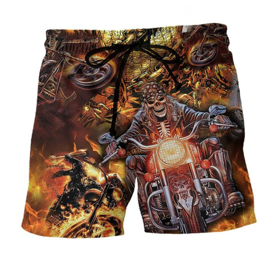 Motorcycle Skull Racing Beach Shorts Design Detail For Spooky Season Travel