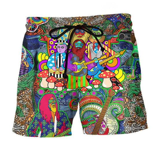 Hippie Guitar Peace Colorful Beach Shorts Design Detail For Resort And Beach Day Style