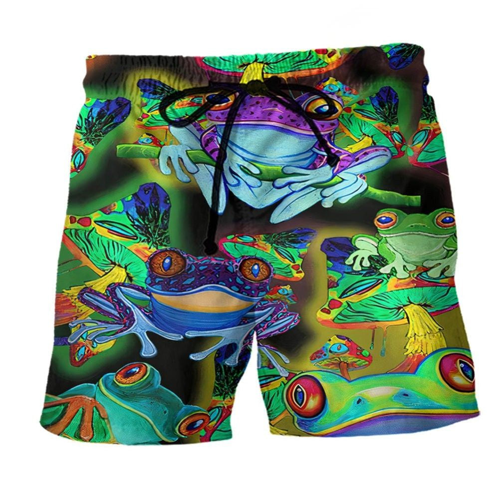 Frog And Mushroom Nature Beach Shorts Pattern View For Wildlife Fans And Beach Days