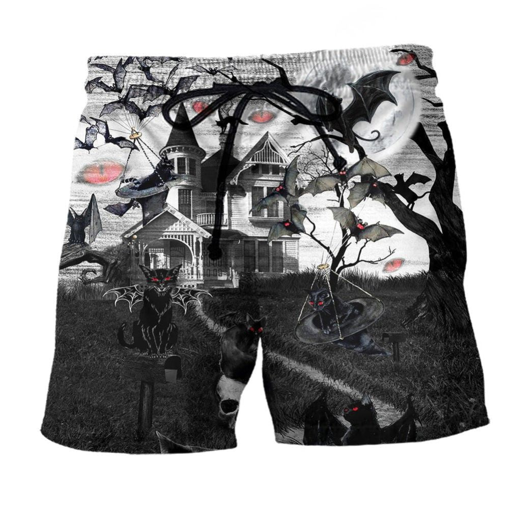 Halloween Flying Cats Night Beach Shorts Pattern View For Bold Warm Weather Outfits