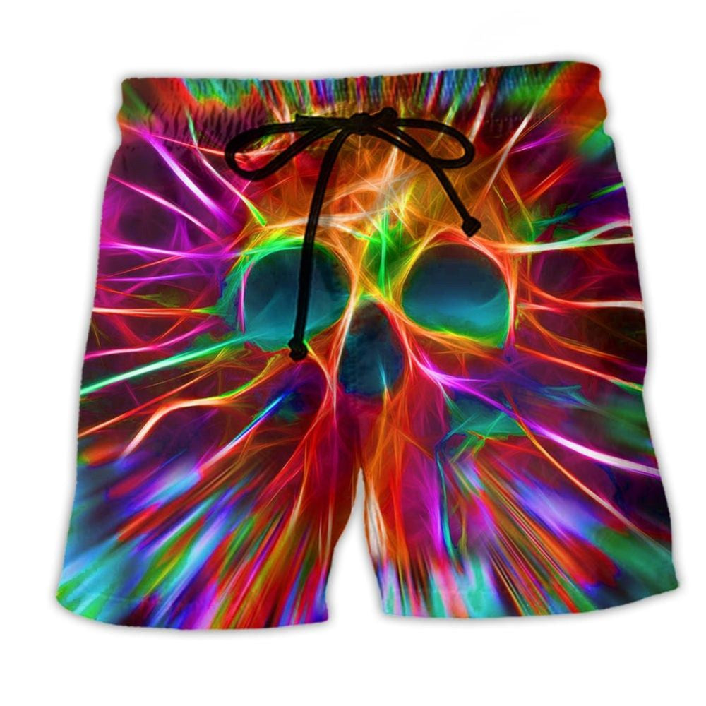 Skull Rainbow Colors Beach Shorts Design Detail For Spooky Season Travel