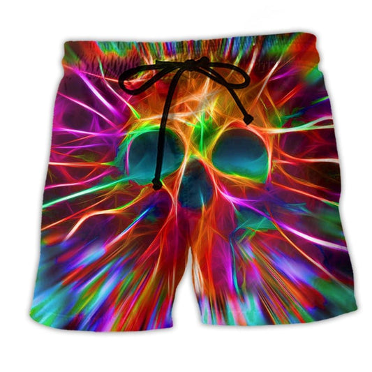 Skull Rainbow Colors Beach Shorts Design Detail For Spooky Season Travel