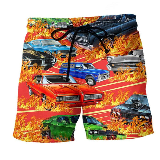 Car On Fire Bold Beach Shorts Design Detail For Coastal Escapes And Daily Wear