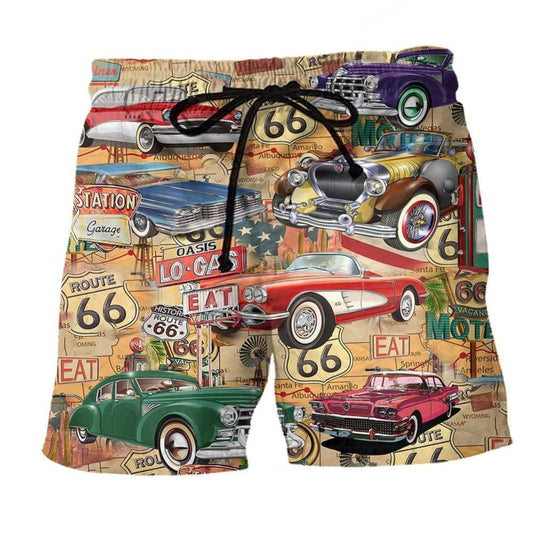 Car Route 66 Road Trip Adventure Beach Shorts Pattern View For Relaxed Vacation Styling