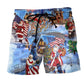 America Patriotic Christmas Santa Beach Shorts Design Detail For Seasonal Resort Style