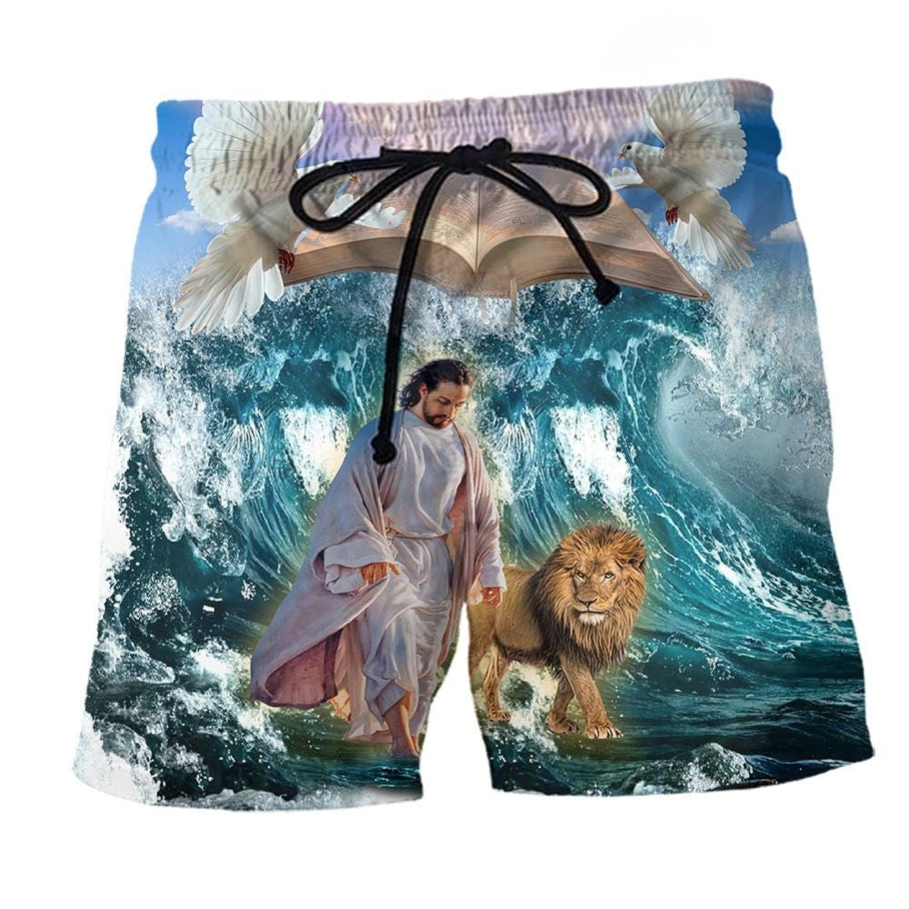 Jesus And Lion Inspirational Beach Shorts Design Detail For Faith Inspired Coastal Trips