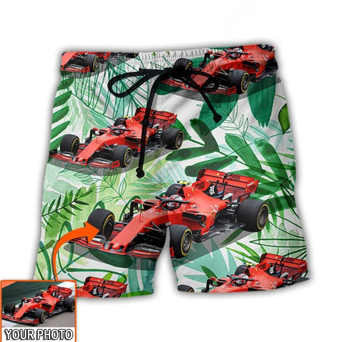 Car Formula Beach Shorts Pattern View For Relaxed Vacation Styling