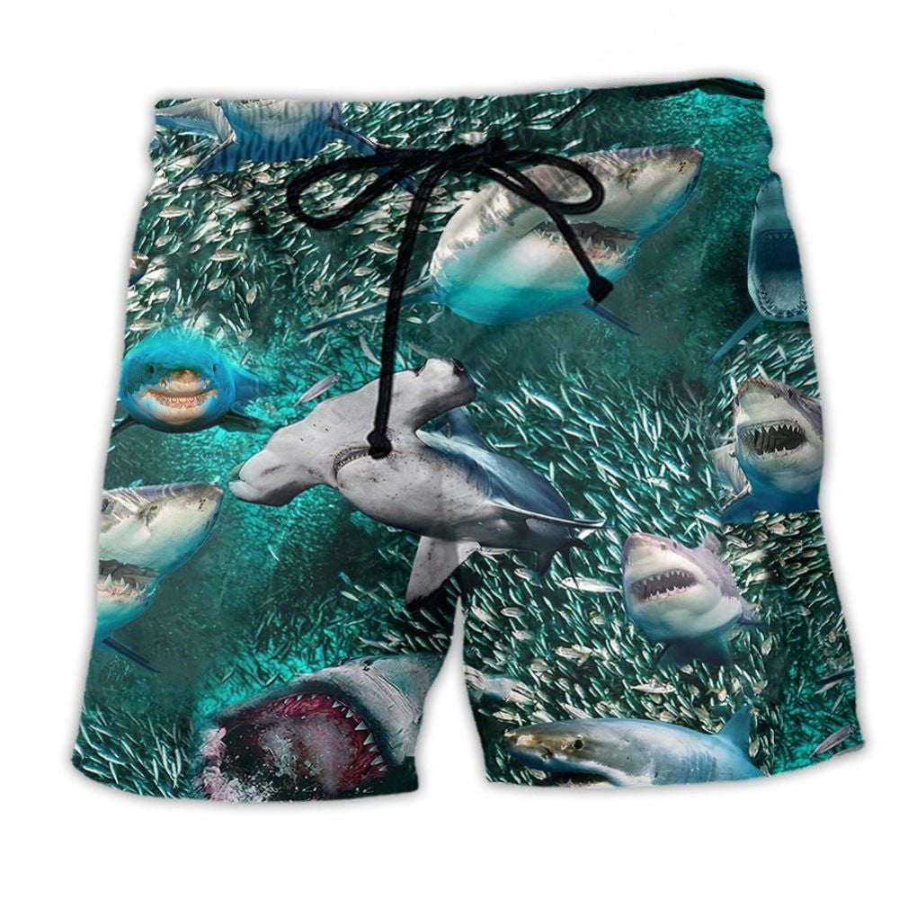 Shark Be A Positive Beach Shorts Design Detail For Coastal Escapes And Daily Wear