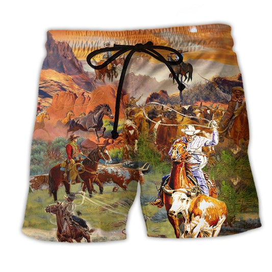 Cowboy Western Beach Shorts Artwork Detail For Casual Warm Weather Outfits