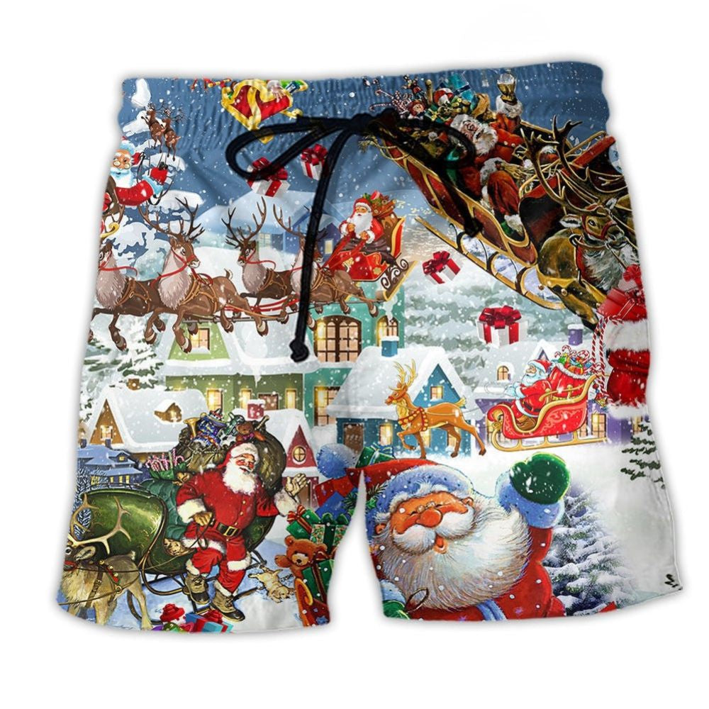 Christmas Hi From Santa Sleigh Beach Shorts Pattern View For Weekend Trips And Outdoor Activities