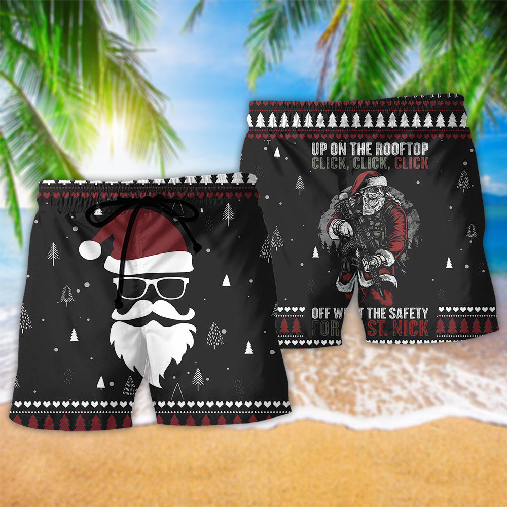 Vintage Rooftop Santa Holiday Dark Beach Shorts Pattern View For Vacation Travel And Outdoor Fun