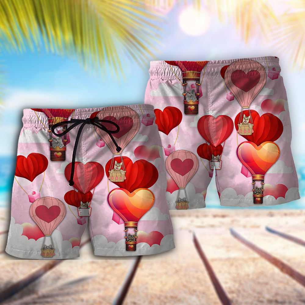 Valentine Cat Hot Air Balloon Beach Shorts Pattern View For Coastal Holidays And Casual Activities