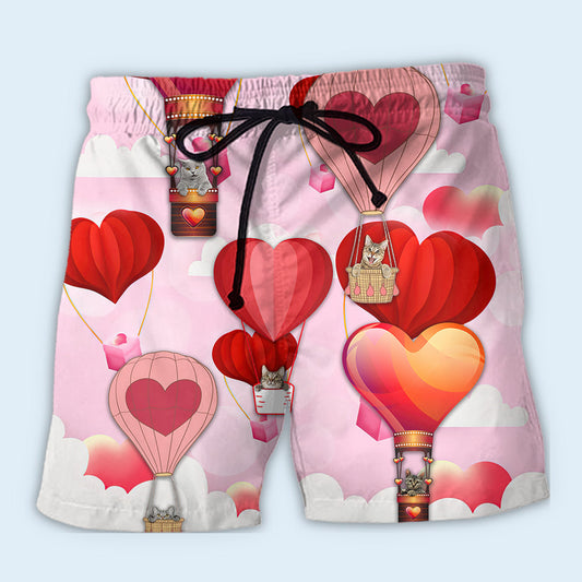 Valentine Cat Hot Air Balloon Beach Shorts Design View For Comfortable Resort And Beach Styling