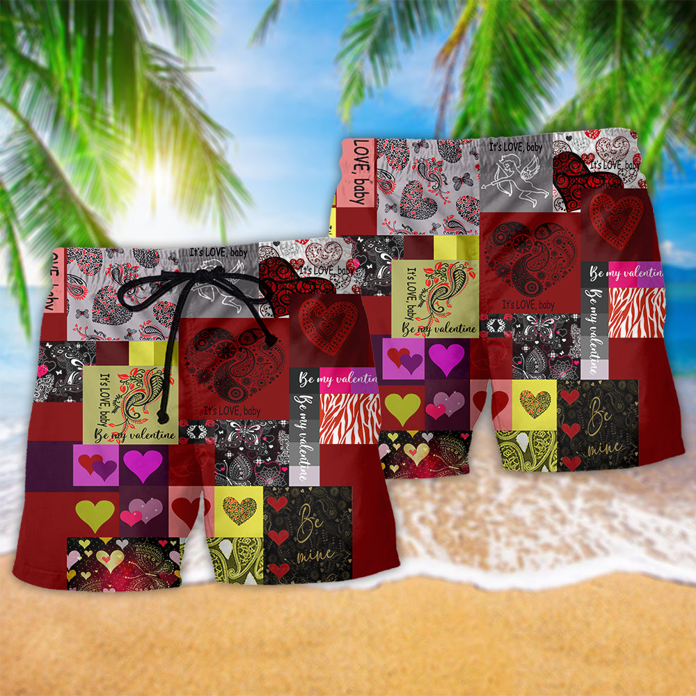 Valentine Paisley Heart Red Beach Shorts Pattern Detail For Coastal Leisure And Leisure And Relaxation