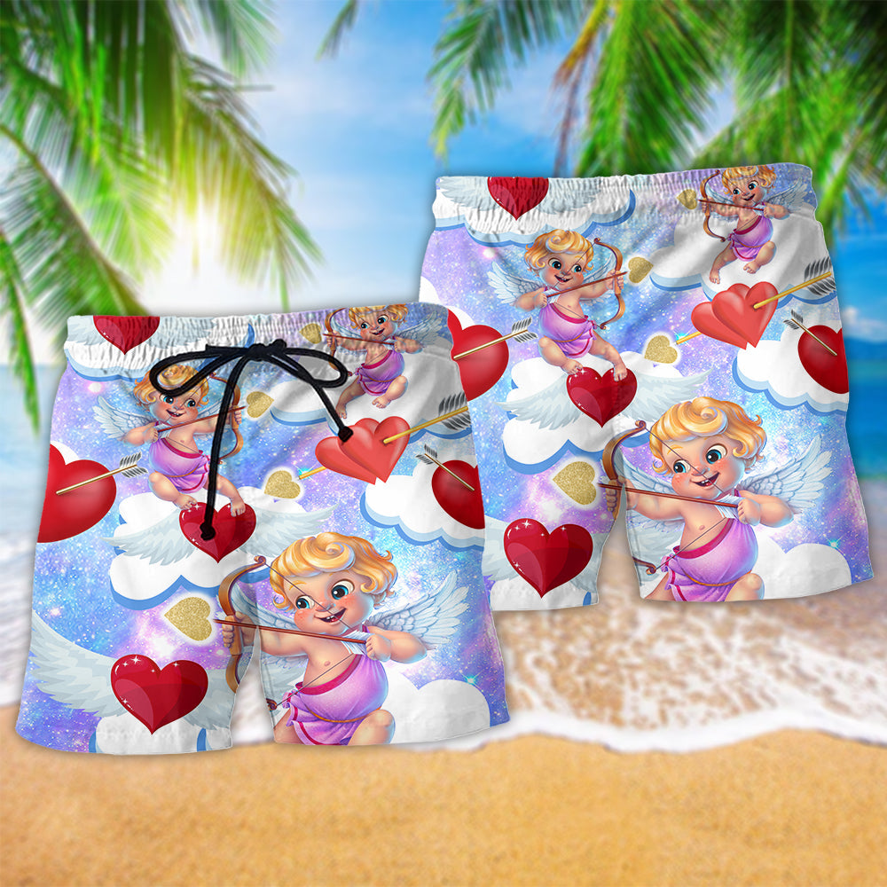 Valentine Cupid Color Beach Shorts Pattern Detail For Leisure Travel And Relaxed Casual Style