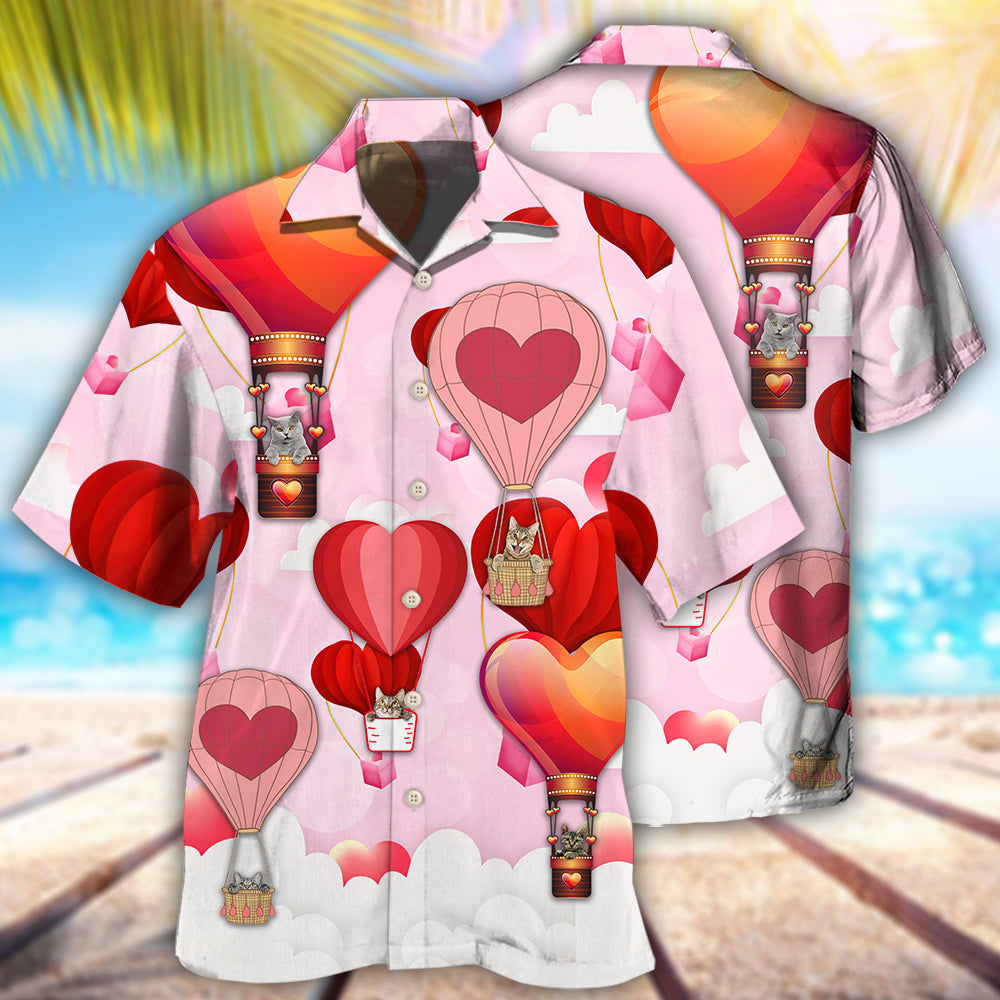 Valentine Cat Hot Air Balloon Hawaiian Shirt For Resort Trips, Coastal Parties, And Warm Weather Style