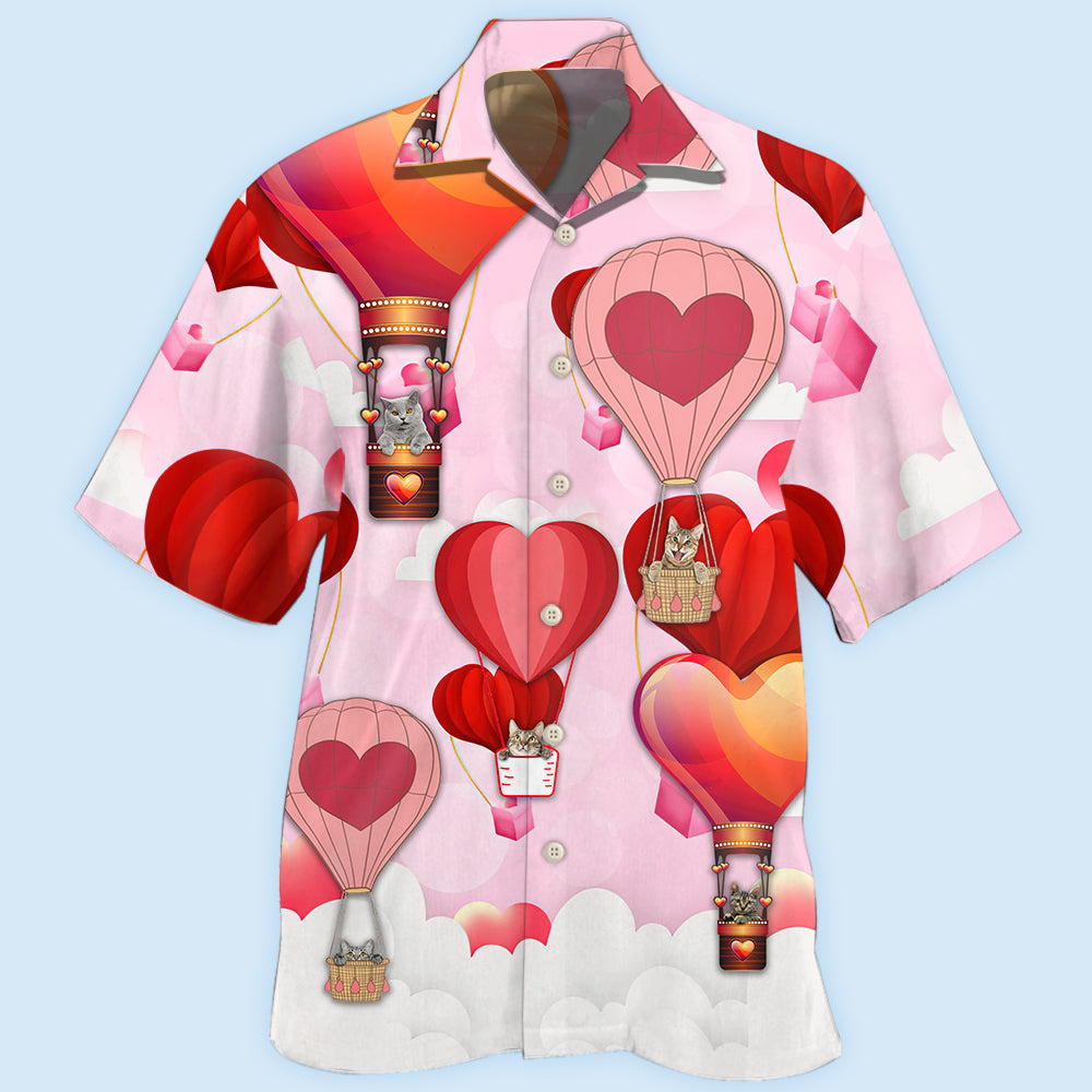 Valentine Cat Hot Air Balloon Hawaiian Shirt For Resort Trips, Coastal Parties, And Warm Weather Style
