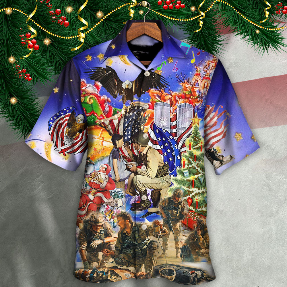 Festive Veteran Christmas Twinkle Hawaiian Shirt Artwork Detail For Resort Trips And Outdoor Activities