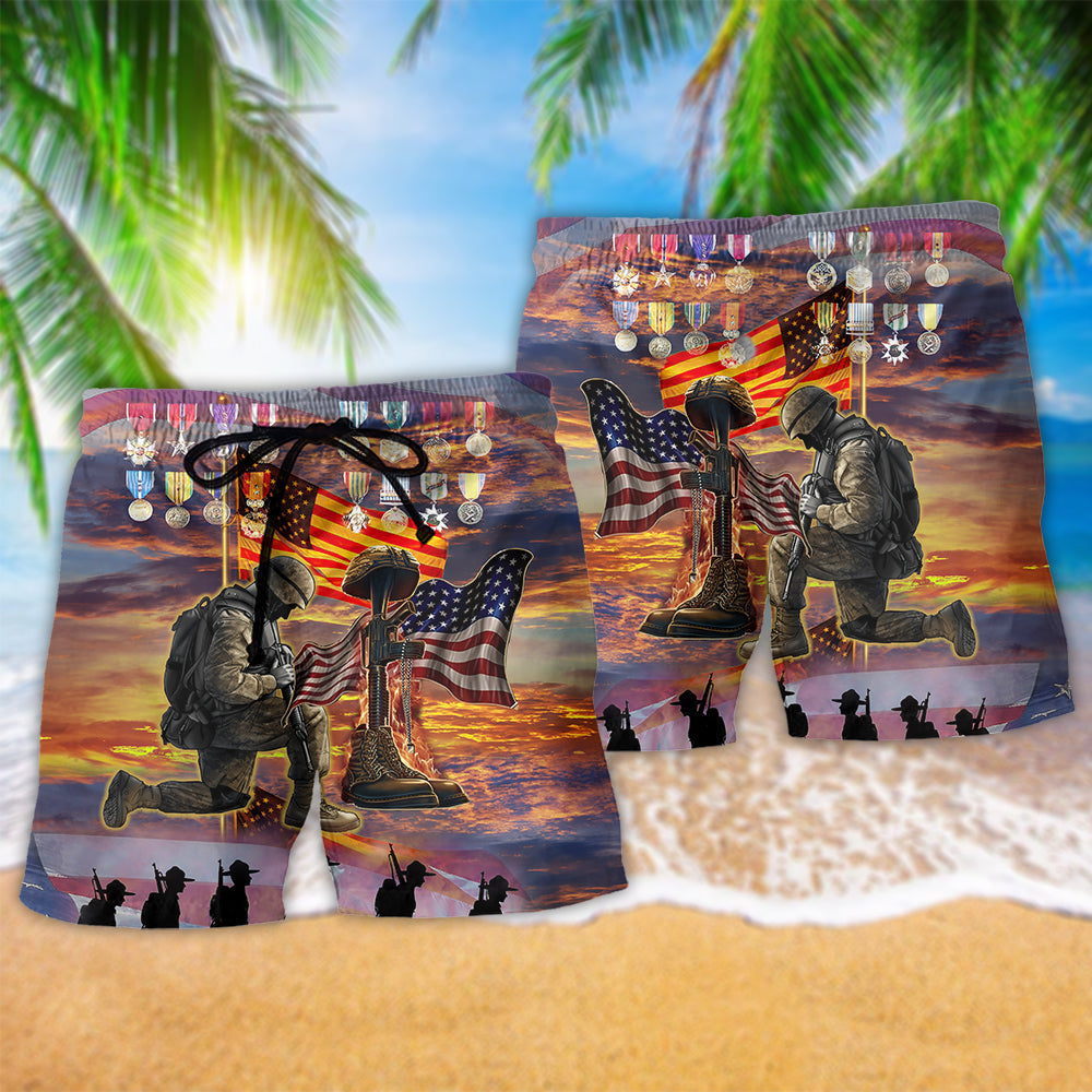 Veteran Freedom Tribute Beach Shorts Pattern Detail For Leisure Travel And Warm Weather Wardrobe