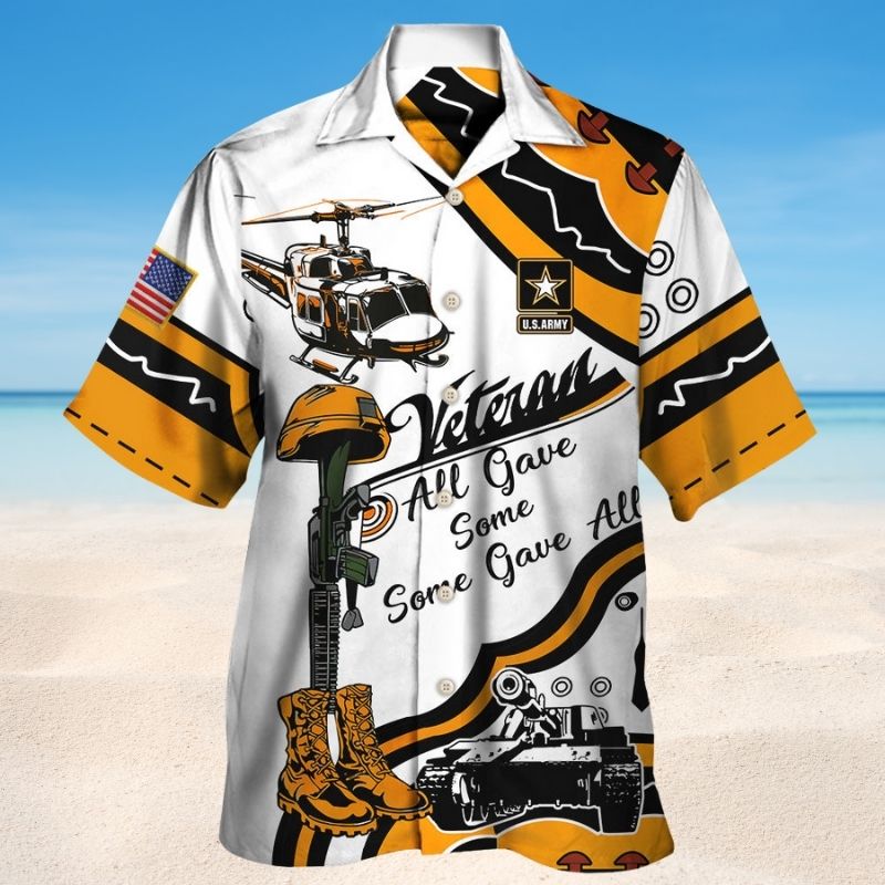 Veteran Army Yellow Tribute Hawaiian Shirt For Summer Celebrations, Resort Days, And Relaxed Everyday Wear