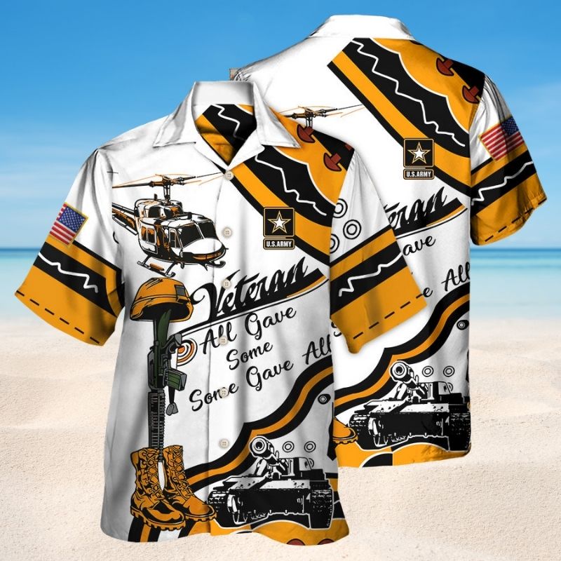 Veteran Army Yellow Tribute Hawaiian Shirt For Summer Celebrations, Resort Days, And Relaxed Everyday Wear
