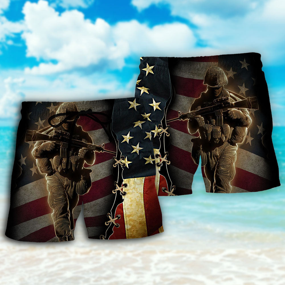 Veteran American Flag Tribute Beach Shorts Pattern View For Relaxed Vacation Styling
