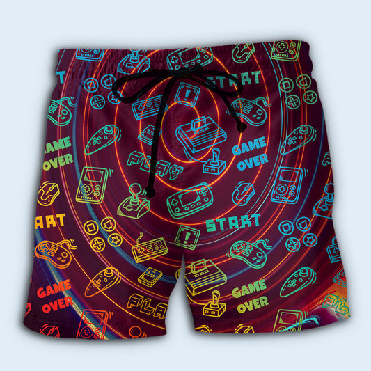 Retro Video Game Start Screen Beach Shorts For Resort Travel And Thoughtful Summer Gifting