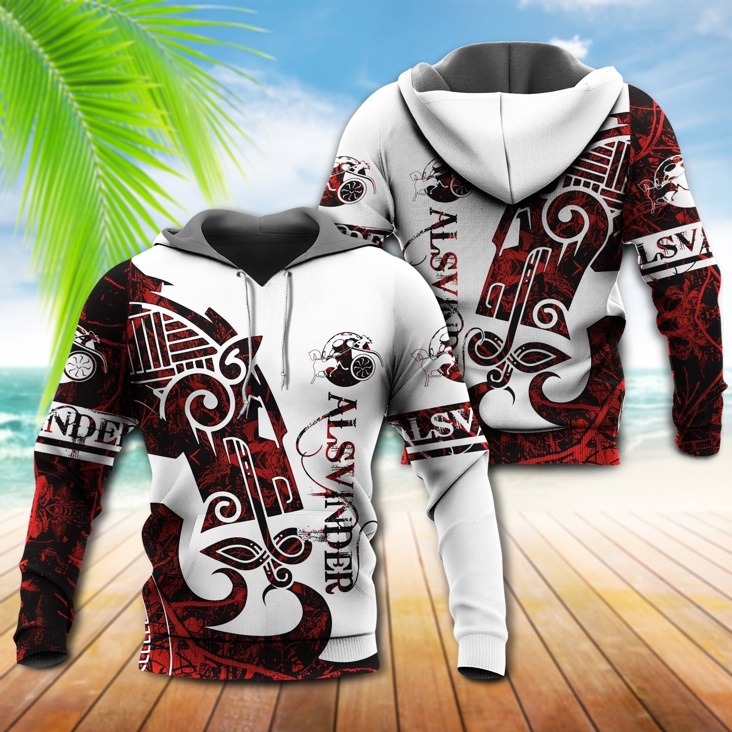 Red White Viking Sun Horse Legend Hoodie For Country Outings Travel Days And Relaxed Streetwear