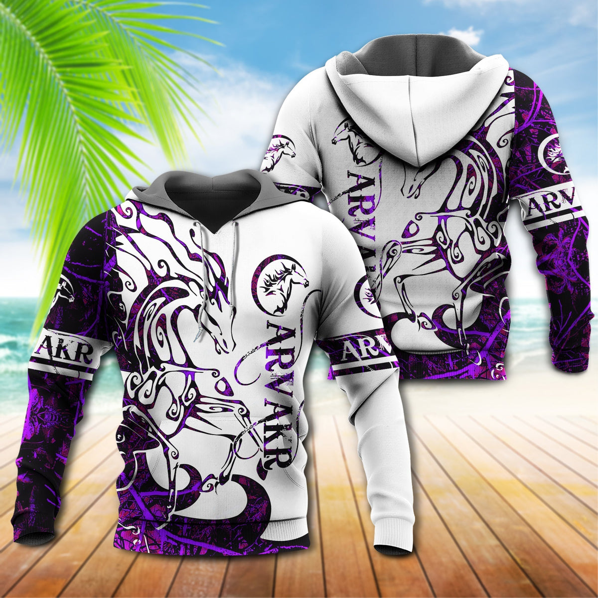 Purple White Viking Arvakr Legend Hoodie For Bold Streetwear Outdoor Trips And Mythology Enthusiasts