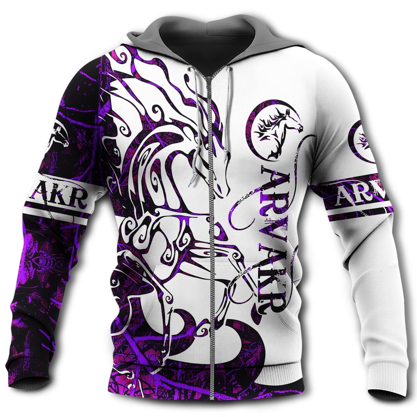 Purple White Viking Arvakr Legend Hoodie For Bold Streetwear Outdoor Trips And Mythology Enthusiasts