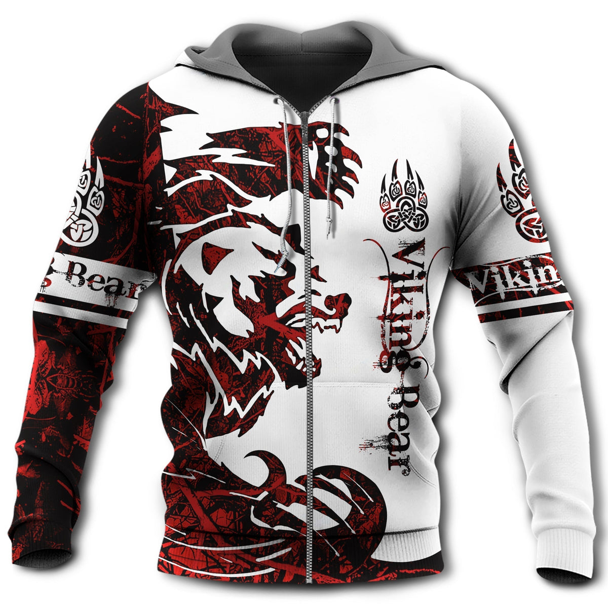 Red White Viking Bear Legend Hoodie For Distinctive Travel Outfits Seasonal Wear And Gift Giving