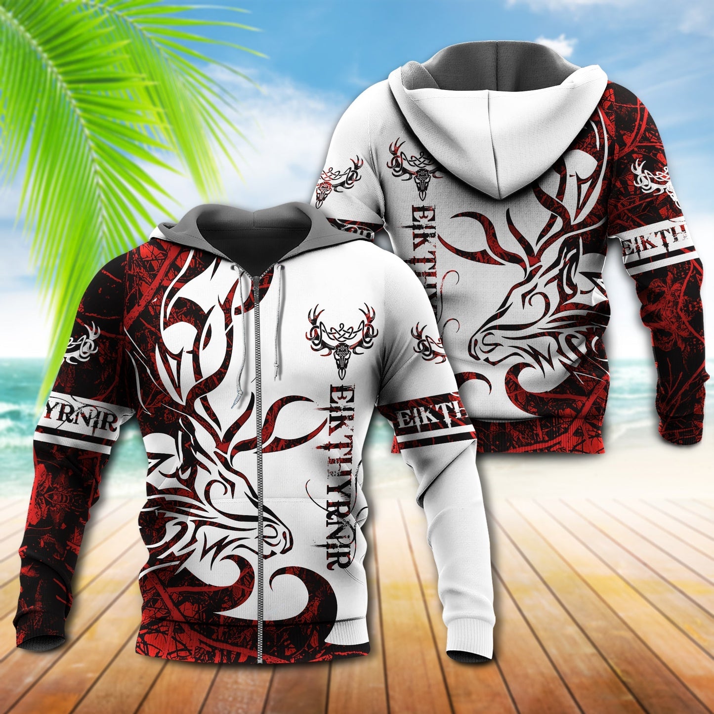 Red White Viking Eikthyrnir Legend Hoodie For Viking Inspired Streetwear Holidays And Thoughtful Gifts