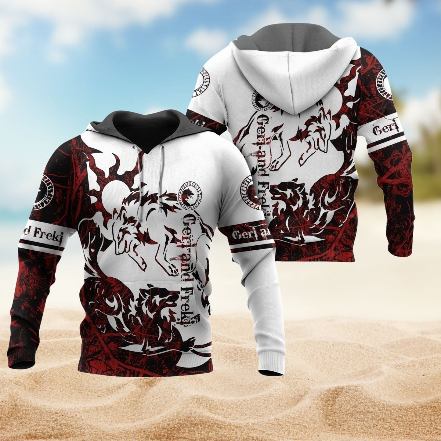 Red White Viking Geri Freki Legend Hoodie For Viking Enthusiasts Travel Days And Distinctive Streetwear