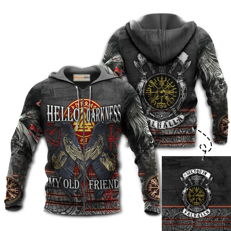 Viking Hello Darkness Hoodie For Bold Streetwear Outdoor Trips And Mythology Enthusiasts