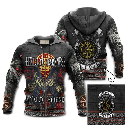Viking Hello Darkness Hoodie For Bold Streetwear Outdoor Trips And Mythology Enthusiasts
