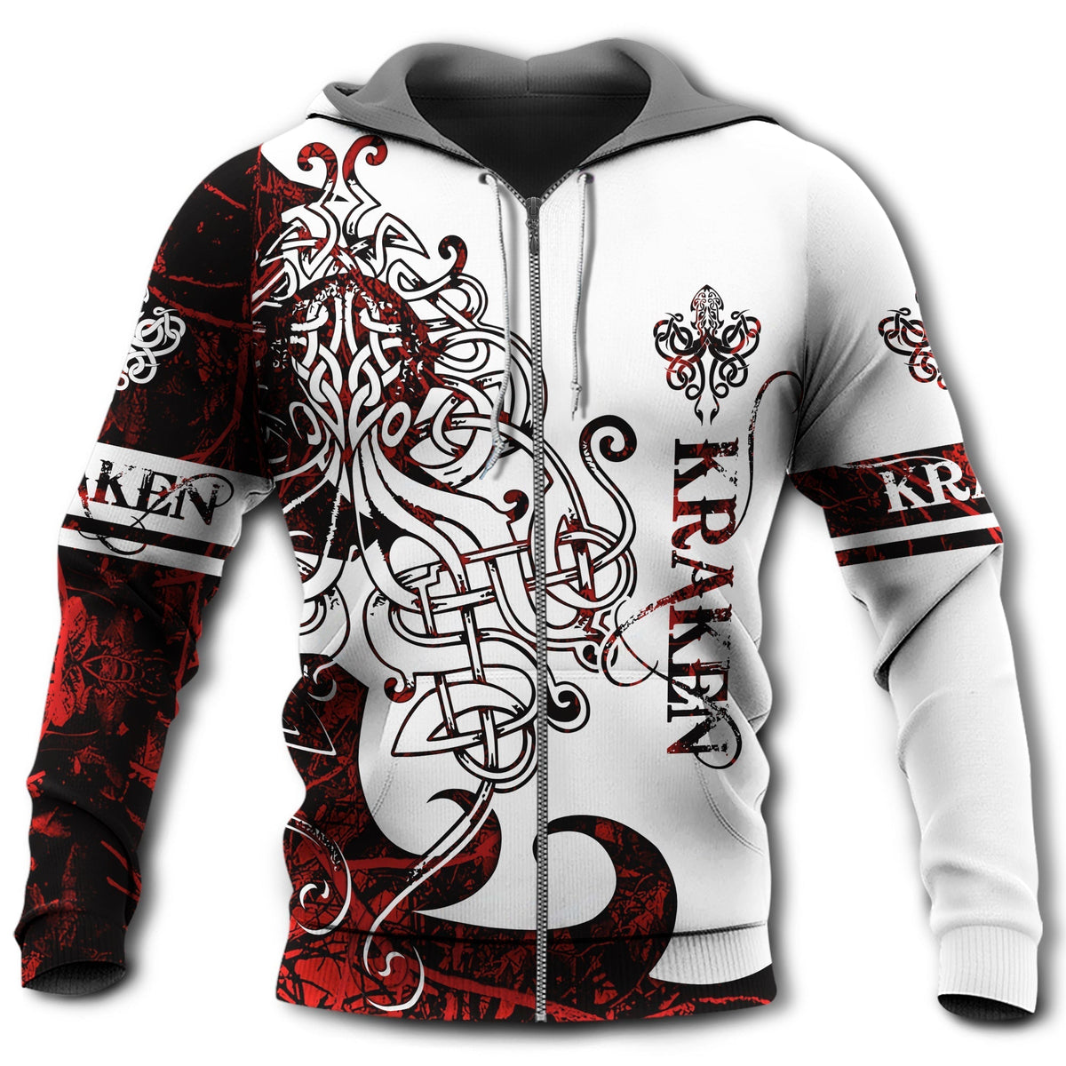 Red White Viking Kraken Legend Hoodie For Outdoor Adventures Travel And Powerful Everyday Styling