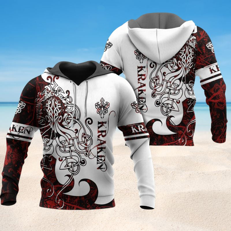 Red White Viking Kraken Legend Hoodie For Bold Casual Wear Seasonal Trips And Myth Inspired Gifting
