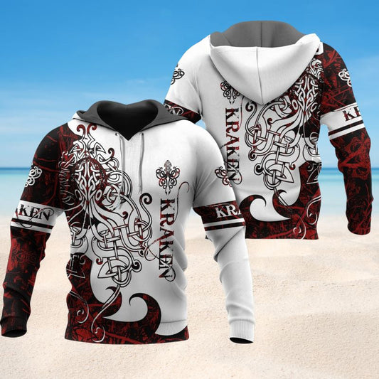Red White Viking Kraken Legend Hoodie For Bold Casual Wear Seasonal Trips And Myth Inspired Gifting