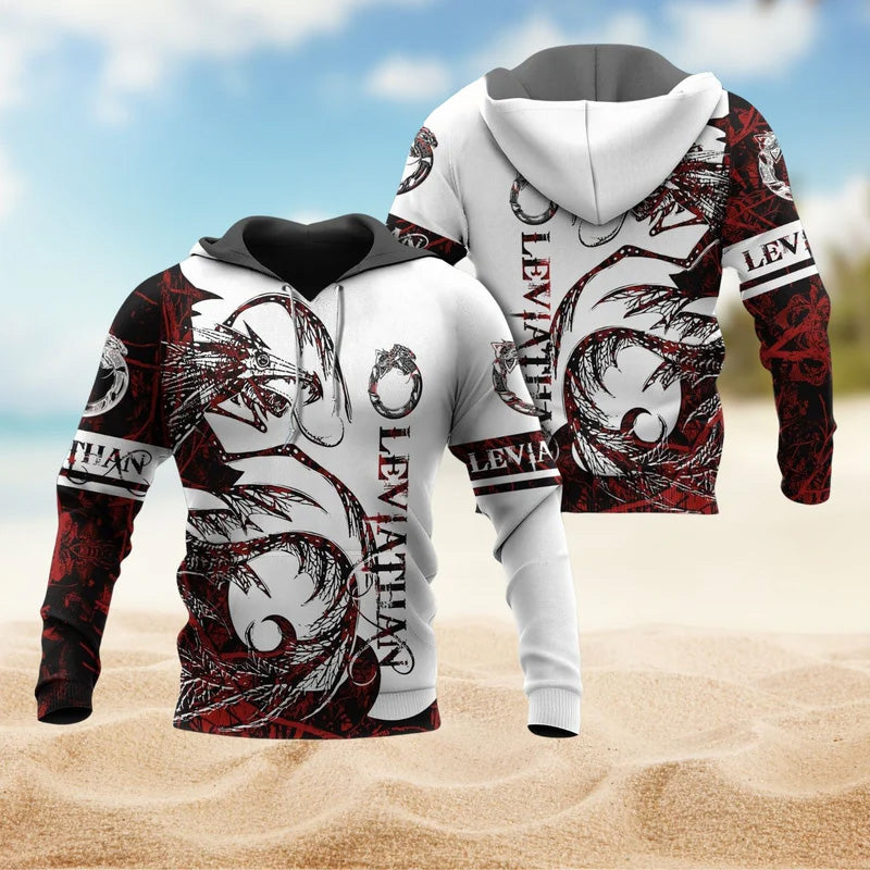 Red White Viking Leviathan Legend Hoodie For Norse Style Adventures Casual Layering And Everyday Wear
