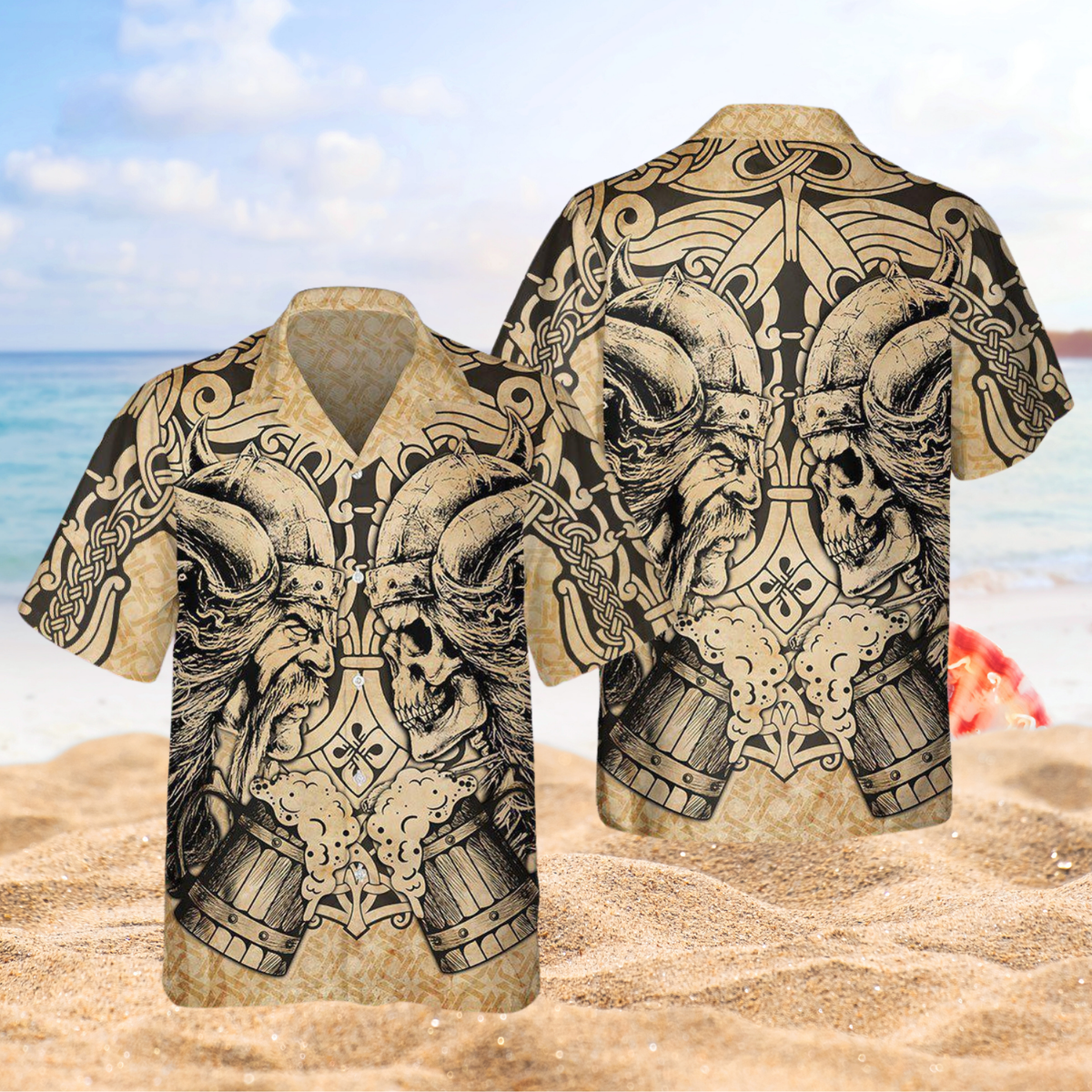 Viking Skull Hawaiian Shirt For Creative Adventures, Beach Travel, And Bold Warm Weather Wear