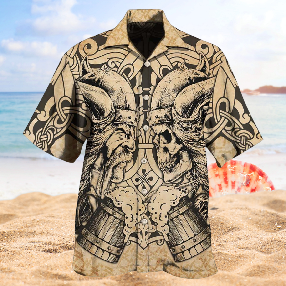 Viking Skull Hawaiian Shirt For Creative Adventures, Beach Travel, And Bold Warm Weather Wear