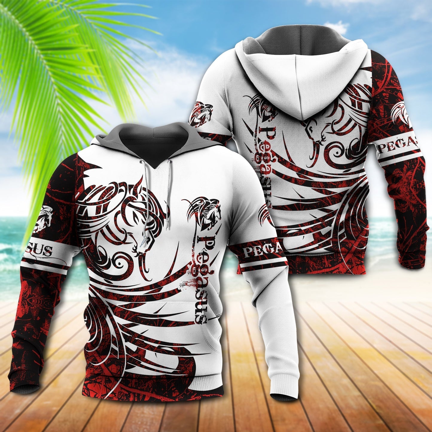 Red White Viking Pegasus Legend Hoodie For Norse Inspired Streetwear Outdoor Travel And Bold Everyday Style