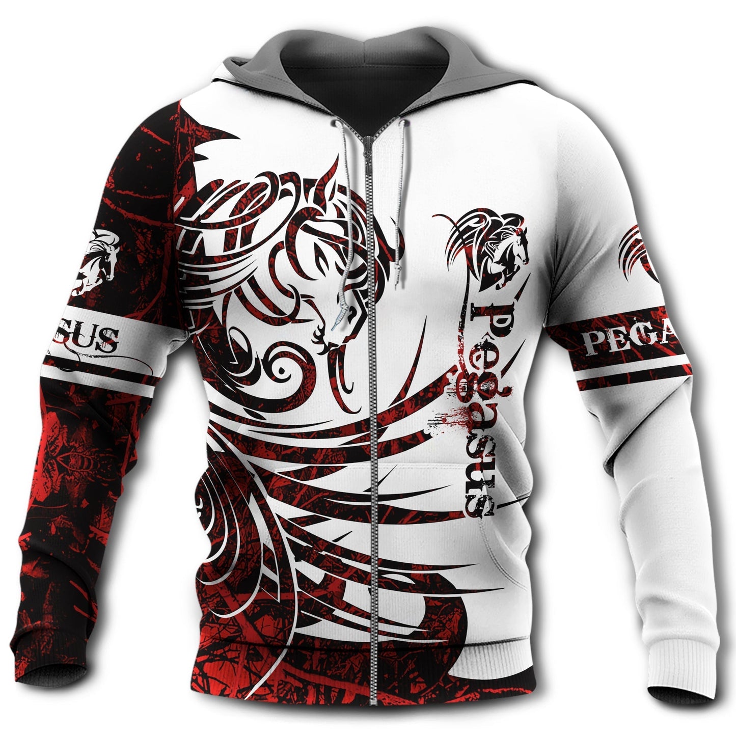 Red White Viking Pegasus Legend Hoodie For Norse Inspired Streetwear Outdoor Travel And Bold Everyday Style