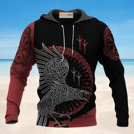 Black Red Viking Raven Hoodie For Mythic Artwork Casual Days And Outdoor Exploration