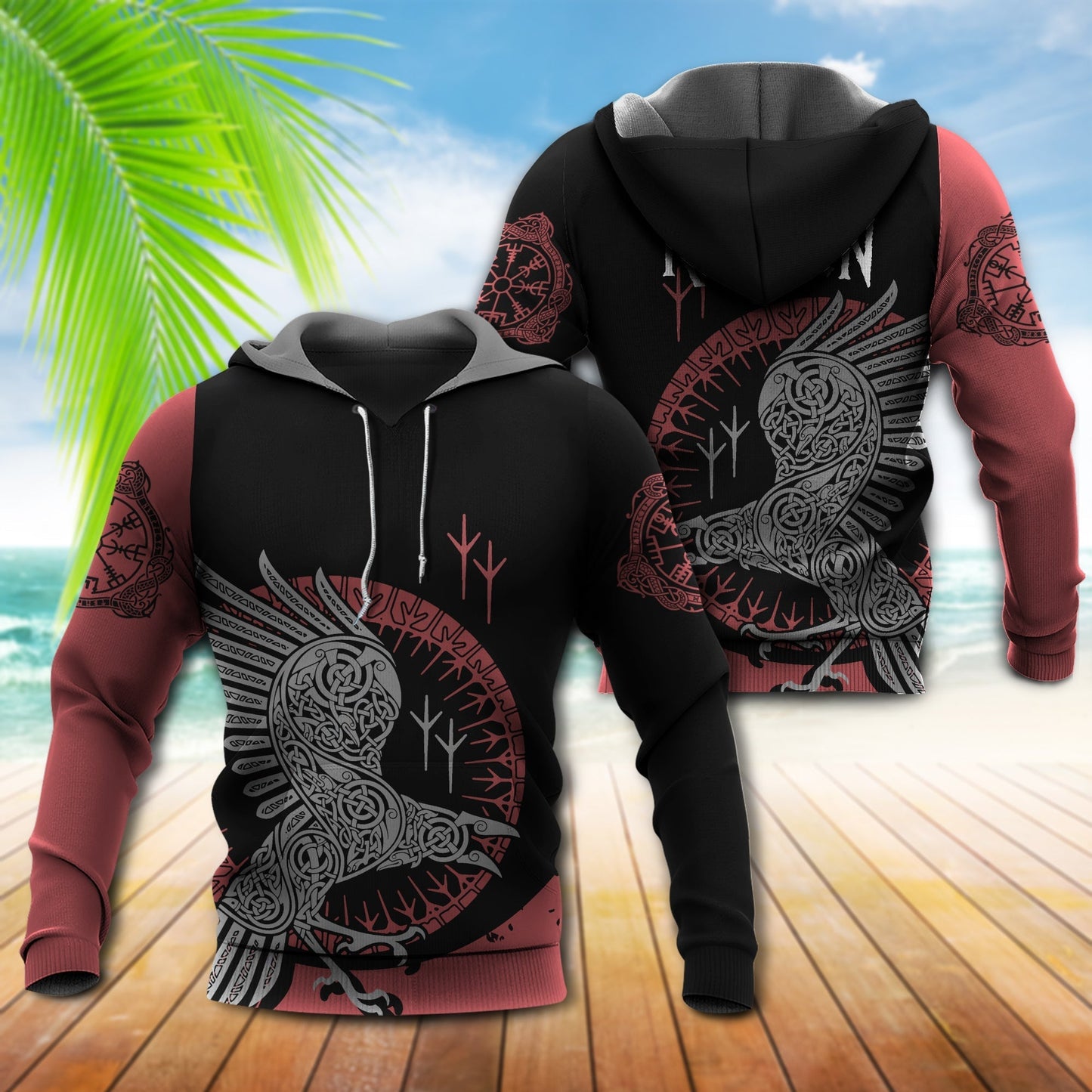Black Red Viking Raven Hoodie For Bold Casual Wear Seasonal Trips And Myth Inspired Gifting