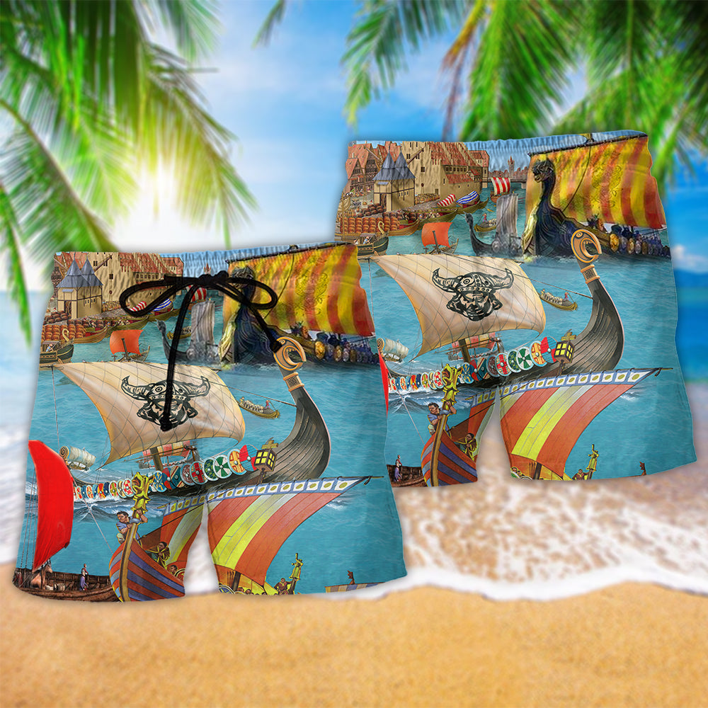 Viking Sail Let War Hawaiian Print Beach Shorts For Tropical Coastal Getaways
