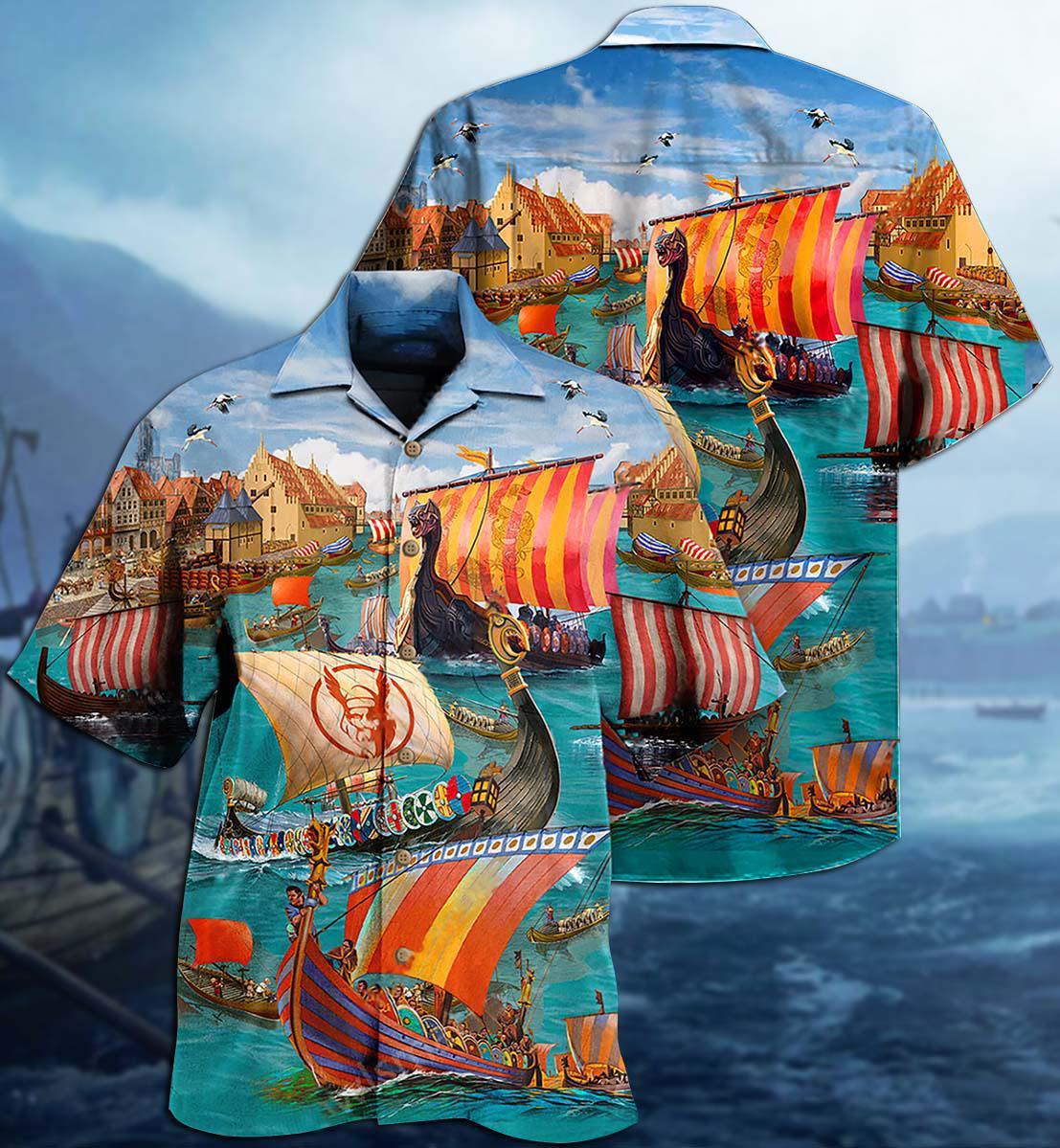 Sailing Norse Warrior War Hawaiian Shirt Artwork View For Weekend Travel And Beach Style