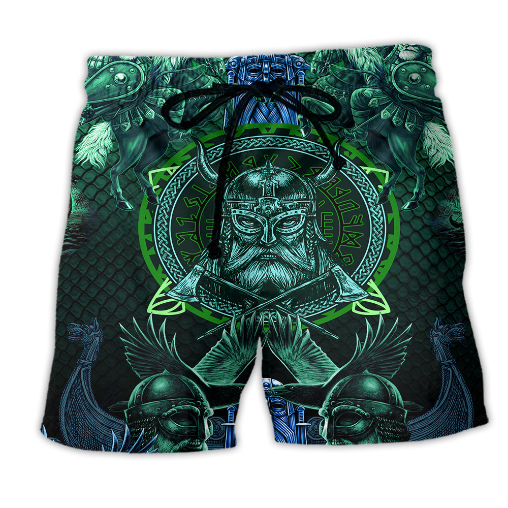 Viking See You In Valhalla Blue Hawaiian Print Beach Shorts For Fantasy Fan Beach Days
