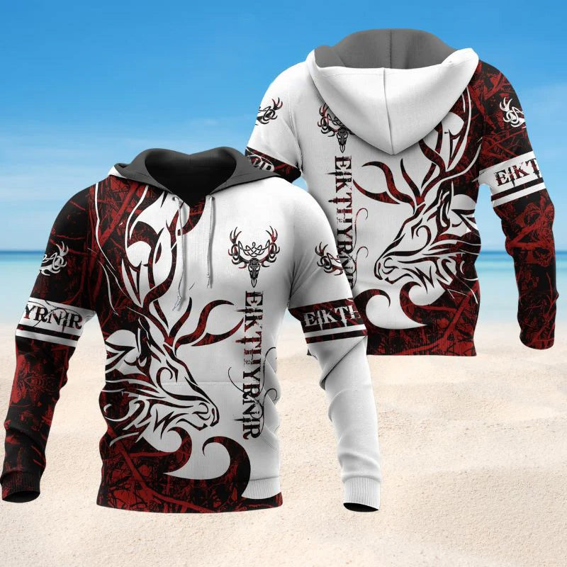Red White Viking Stag Legend Hoodie For Mythic Casual Outfits Weekend Adventures And Thoughtful Gifting